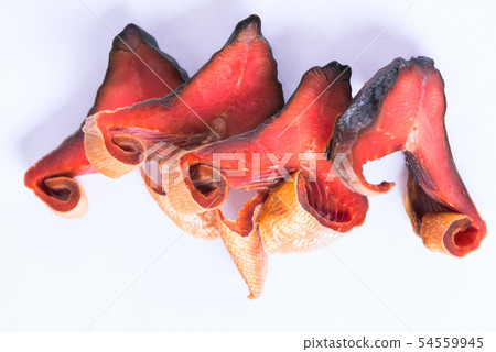 Pieces Of Cold Smoked Pink Salmon. Close-Up on the table Pieces Of Cold Smoked Pink Salmon. Close-Up on the table 54559945