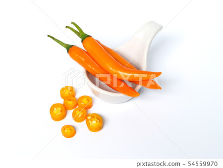 Closeup top, sliced orange pepper on a white BG Closeup top, sliced orange pepper on a white BG 54559970