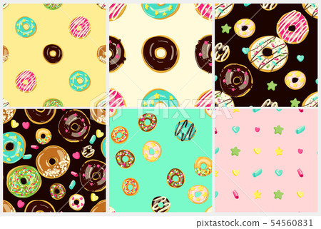 Glazed Donuts seamless pattern set. Bakery Vector illustrations. Top View glazed doughnuts Glazed Donuts seamless pattern set. Bakery Vector illustrations. Top View glazed doughnuts 54560831