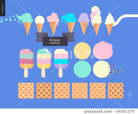 Ice cream scoops in waffle cones set on a blue background Ice cream scoops in waffle cones set on a blue background 54561375