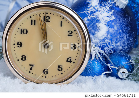 Vintage clock and Christmas balls. Vintage clock and Christmas balls. 54561711