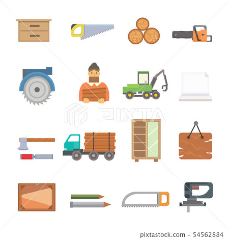 Timber industry occupation icons set in flat style. Lumberjack equipment collection illustration 54562884