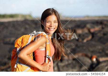 Hiking woman - hiker walking on lava field Hawaii Hiking woman - hiker walking on lava field Hawaii 54564154