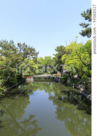 從大阪 住吉大社 Torihashi 太鼓橋 的視圖 照片素材 圖片 圖庫