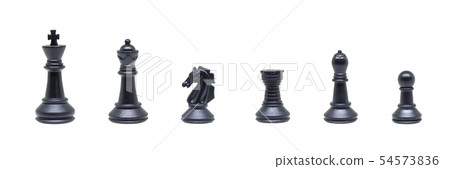 Row of set of six black chess pieces. 54573836