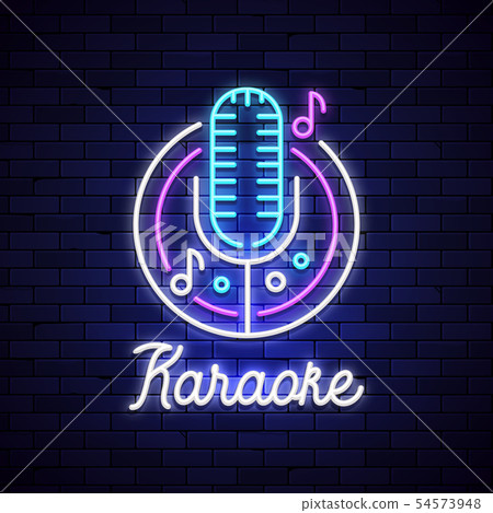Karaoke neon night bar. Mocrophone karaoke logo - Stock