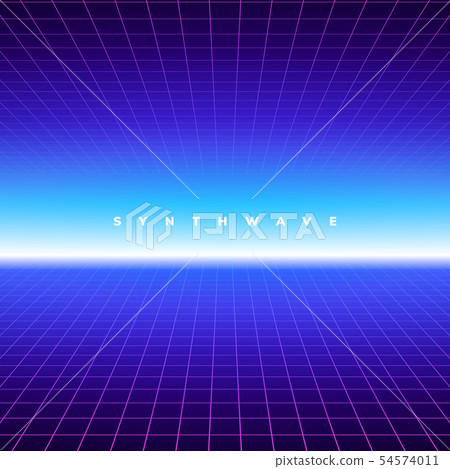 Synth wave retro grid background. Synthwave 80s vapor vector game poster neon futuristic laser space 54574011