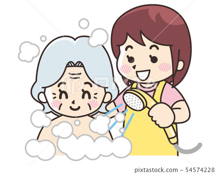 Carer woman doing bathing assistance to elderly women Carer woman doing bathing assistance to elderly women 54574228