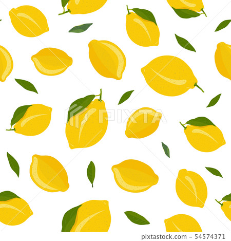 Lemon fruits seamless pattern with leaves on white - Stock Illustration ...