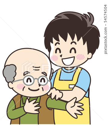Male carer giving assistance to elderly men 54574504