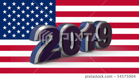New year text 2019 with USA flag 3d illustration 54575004