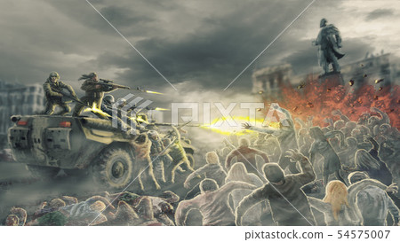 Horde zombies attack shooting soldiers on street 54575007
