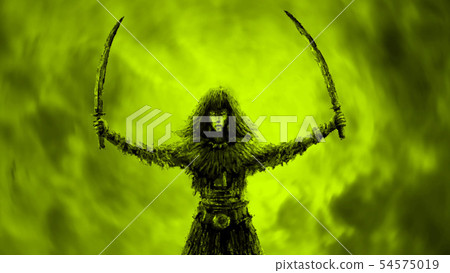 Warrior girl with two raised sabers. 54575019