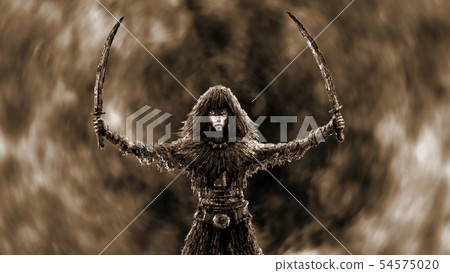 Warrior girl with two raised sabers. 54575020