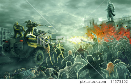 Zombie horde attack shooting soldiers. 54575102