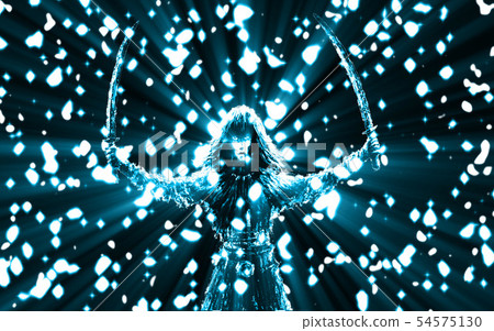 Warrior girl with two raised sabers. Rain of Warrior girl with two raised sabers. Rain of 54575130