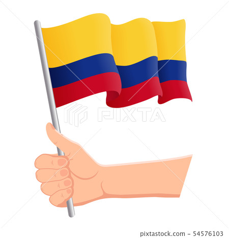 Hand holding and waving the national flag of Colombia. Fans, independence day, patriotic concept 54576103