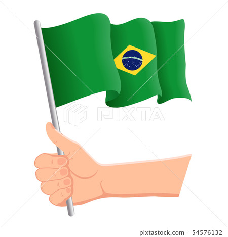 Hand holding and waving the national flag of Brazil. Fans, independence day, patriotic concept Hand holding and waving the national flag of Brazil. Fans, independence day, patriotic concept 54576132