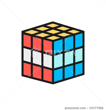 Vector 3d cube, mechanical puzzle toy flat color line icon. Vector 3d cube, mechanical puzzle toy flat color line icon. 54577906