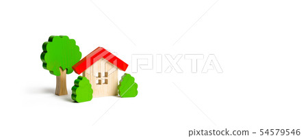 Wooden hut and tree figurines with bushes  54579546