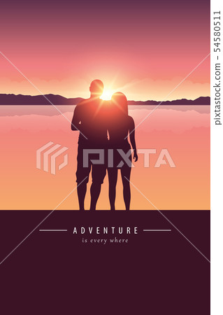 couple silhouette by the lake with mountain landscape at sunset adventure design 54580511