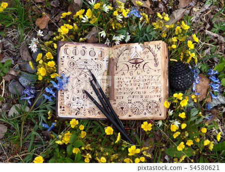 Open witch book with mystic symbols 54580621