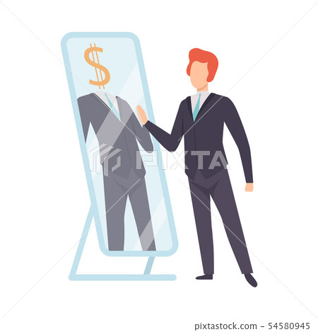 Narcissistic Man Character Looking at Mirror and Seeing Rich Successfull Man, Person Overestimate 54580945