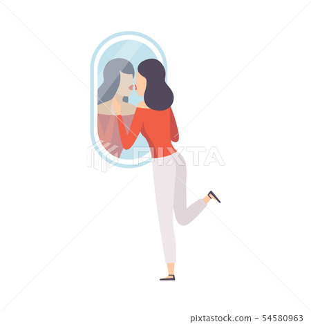 Narcissistic Woman Character Looking at Mirror and Kissing Her Reflection in Mirror, Girl 54580963