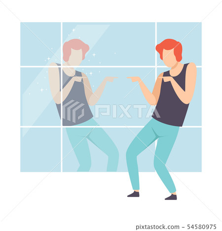 Narcissistic Man Character Looking at Mirror and Admiring of Himself, Person Overestimate Himself 54580975