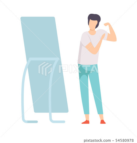 Narcissistic Man Character Looking at Mirror Pretend to Be Strong, Person Overestimate Himself, Self 54580978