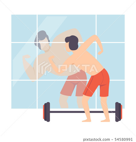 Narcissistic Man Character Looking at Mirror and Seeing Muscular Attractive Athlete, Person Narcissistic Man Character Looking at Mirror and Seeing Muscular Attractive Athlete, Person 54580991
