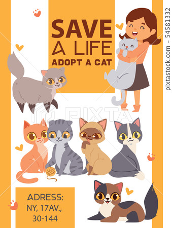Children with pets adopt friendship poster illustration. Love child and cat adoption. 54581332