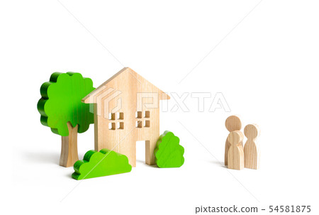 Wooden house and family. Buying a new home Wooden house and family. Buying a new home 54581875