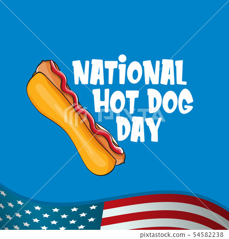 National hot dog day poster with funny cartoon hot dog. Hot dog day label or print for tee isolated National hot dog day poster with funny cartoon hot dog. Hot dog day label or print for tee isolated 54582238