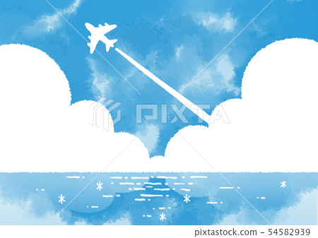 在藍天的飛機飛行逗人喜愛的手拉的水彩樣式 在藍天的飛機飛行逗人喜愛的手拉的水彩樣式 54582939