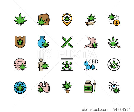 Set of cannabidiol flat color line icons. CBD, cannabis, marijuana oil, tobacco, hemp flower buds Set of cannabidiol flat color line icons. CBD, cannabis, marijuana oil, tobacco, hemp flower buds 54584595