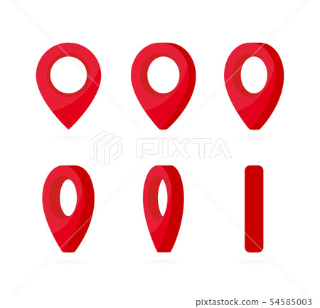 Set of vertical rotation red location marks. Map pointer 3d pin. Realistic location point symbol Set of vertical rotation red location marks. Map pointer 3d pin. Realistic location point symbol 54585003