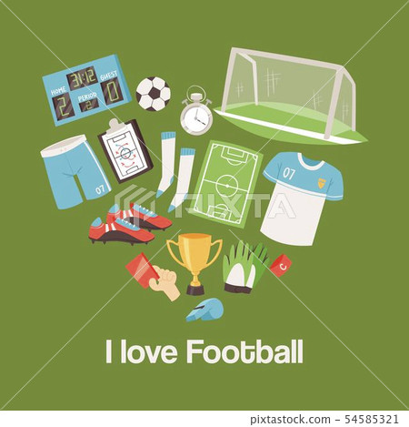 Football equipment and supplies banner vector illustration. Soccer love set of icons with field Football equipment and supplies banner vector illustration. Soccer love set of icons with field 54585321