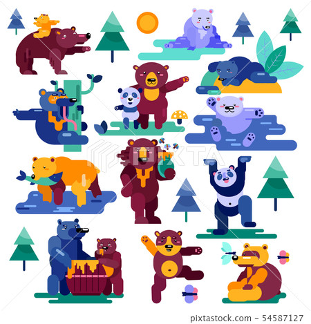 Bear vector cartoon animal character panda and brown grizzly eating honey illustration animalistic Bear vector cartoon animal character panda and brown grizzly eating honey illustration animalistic 54587127