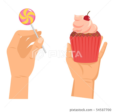 Hands offers sweetness with cake vector arm holding chocolate confectionery sweet confection 54587700