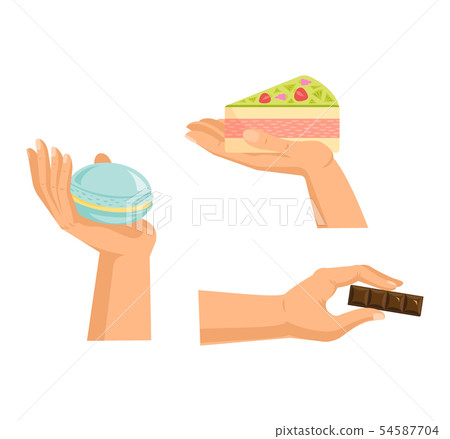 Hands offers sweetness with cake vector arm holding chocolate confectionery sweet confection 54587704