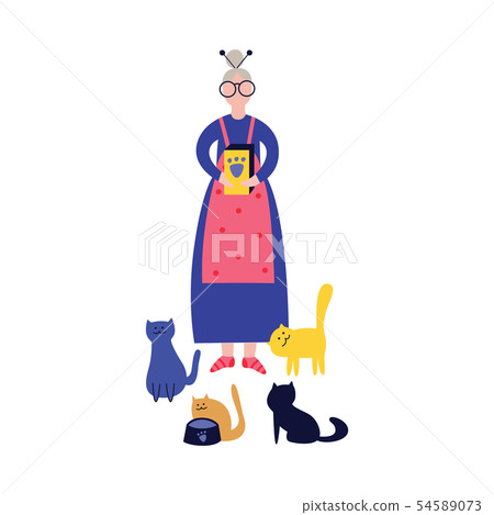 Lonely grandma or elderly woman feeds her cats flat vector isolated on white. 54589073