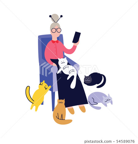 Lonely grandma with cats and telephone flat vector isolated on white background. Lonely grandma with cats and telephone flat vector isolated on white background. 54589076