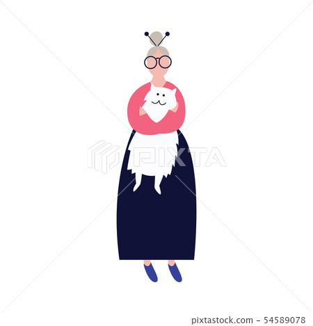 A lonely old woman hugs her cat flat vector illustration isolated on background. 54589078