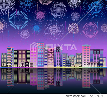 Neon night sky with firework the city line flat vector illustration background. Neon night sky with firework the city line flat vector illustration background. 54589193