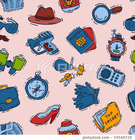 Spy icons cartoon detective set mafia agent binoculars or spyglass for spying or secret 54589720