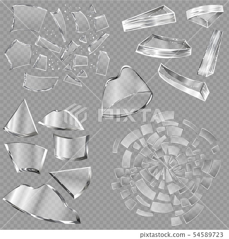 Broken glass sharp pieces of window and realistic shattered glassware or shattering debris of Broken glass sharp pieces of window and realistic shattered glassware or shattering debris of 54589723