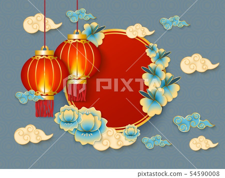 Blue background with red hanging traditional chinese lanterns, white clouds and flowers. Blue background with red hanging traditional chinese lanterns, white clouds and flowers. 54590008