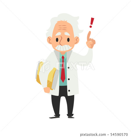 Old male scientist stands with folder and hand finger raised up cartoon style Old male scientist stands with folder and hand finger raised up cartoon style 54590570