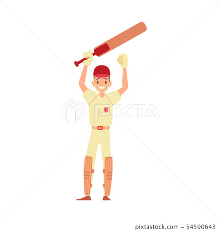 A man cricket player, cricketer and batsman raised his hands with a bat and rejoices. 54590643